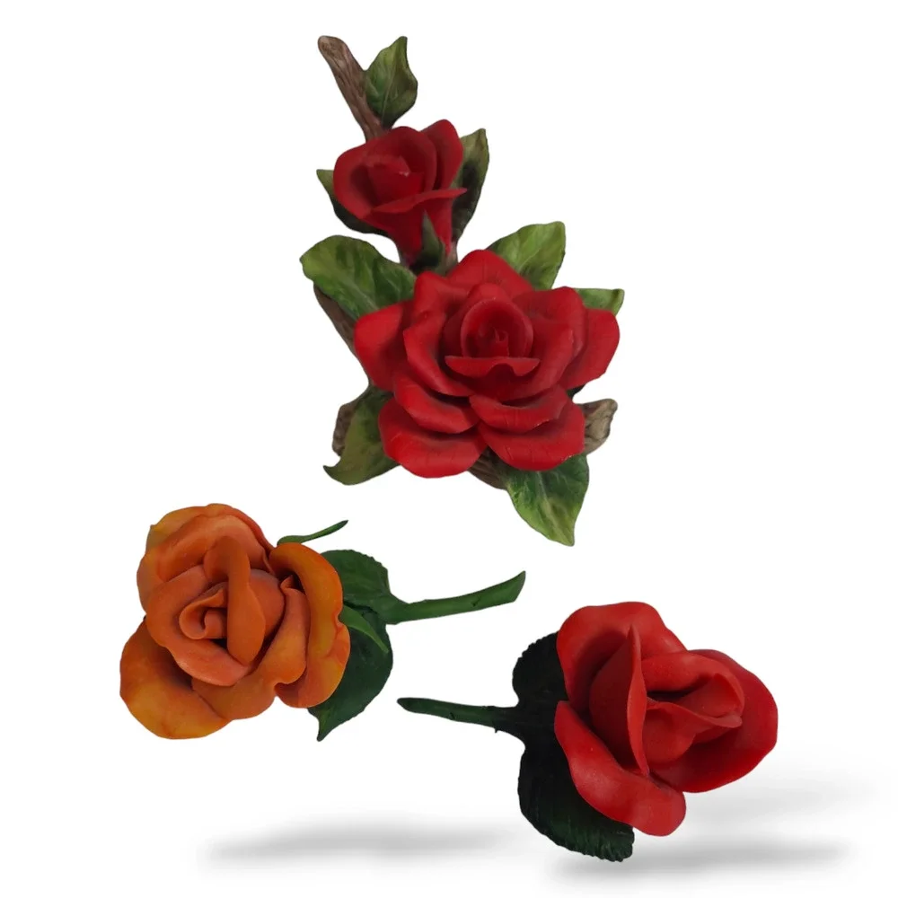Red Ceramic Rose Figurine Handpainted & Two Resin Rose Magnets Decor
